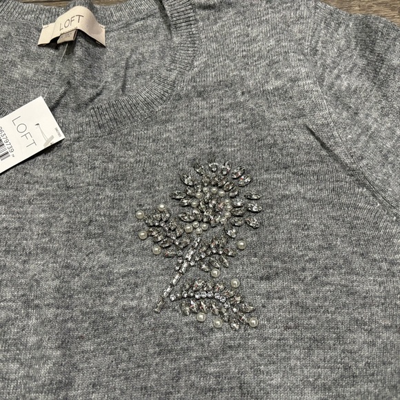 LOFT HEATHER GREY EMBELLISHED SWEATER (M) - Picture 8 of 13